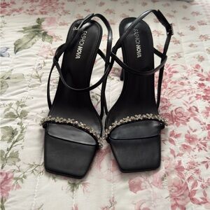 Fashion Nova Black Strappy Crystal Accent Heels for Women